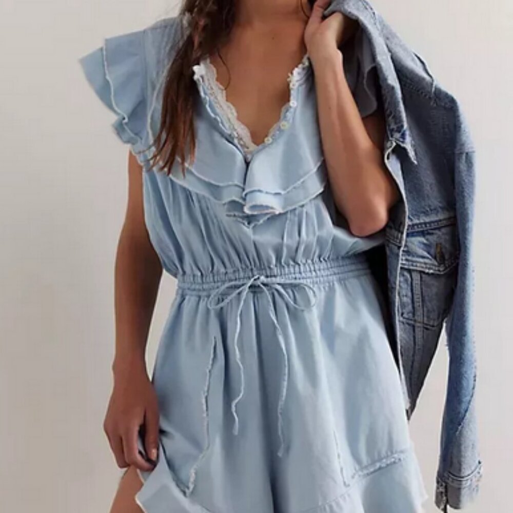 Free People FP One Naya Chambray Romper Light Blue M US ITEM